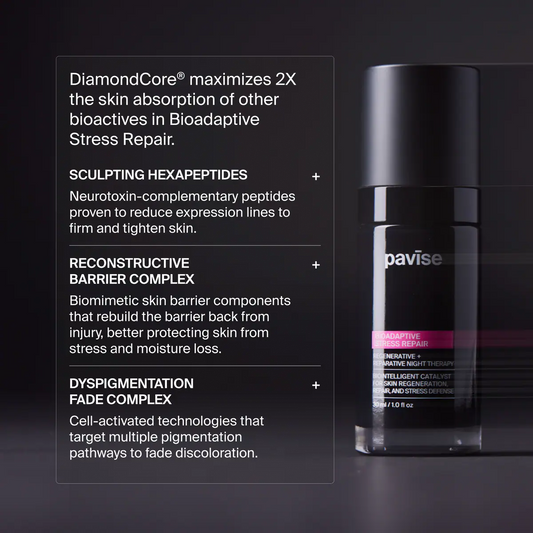 Pavise skincare product with text detailing its benefits on a dark background