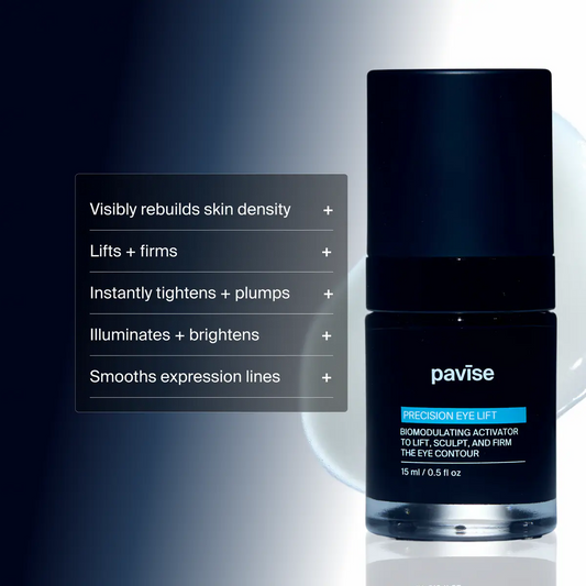 Pavise skincare product with text highlighting its benefits on a dark background