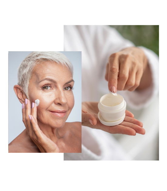 Person applying cream to their face with a close-up of the cream jar.