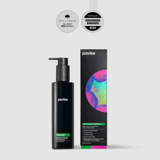 Pavise Gentle Amino Powerwash cleanser with award seal, front view