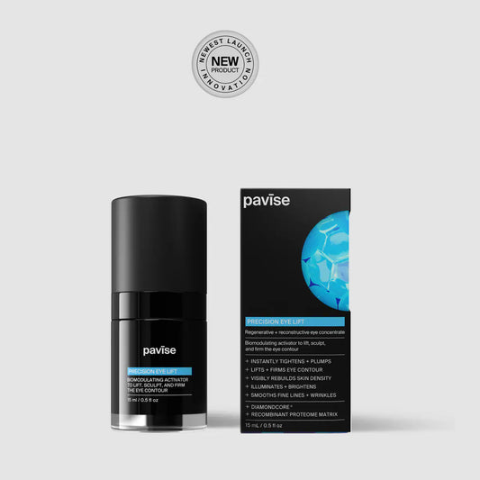 Pavise eye cream bottle and packaging on a light gray background